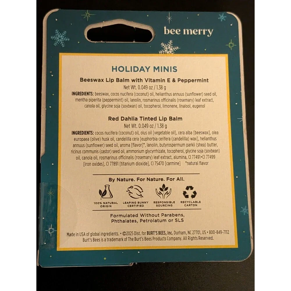 3 Burt's Bees Holiday Minis 2 Pack Original & Red Dahlia & Rose Mini Lip Balms